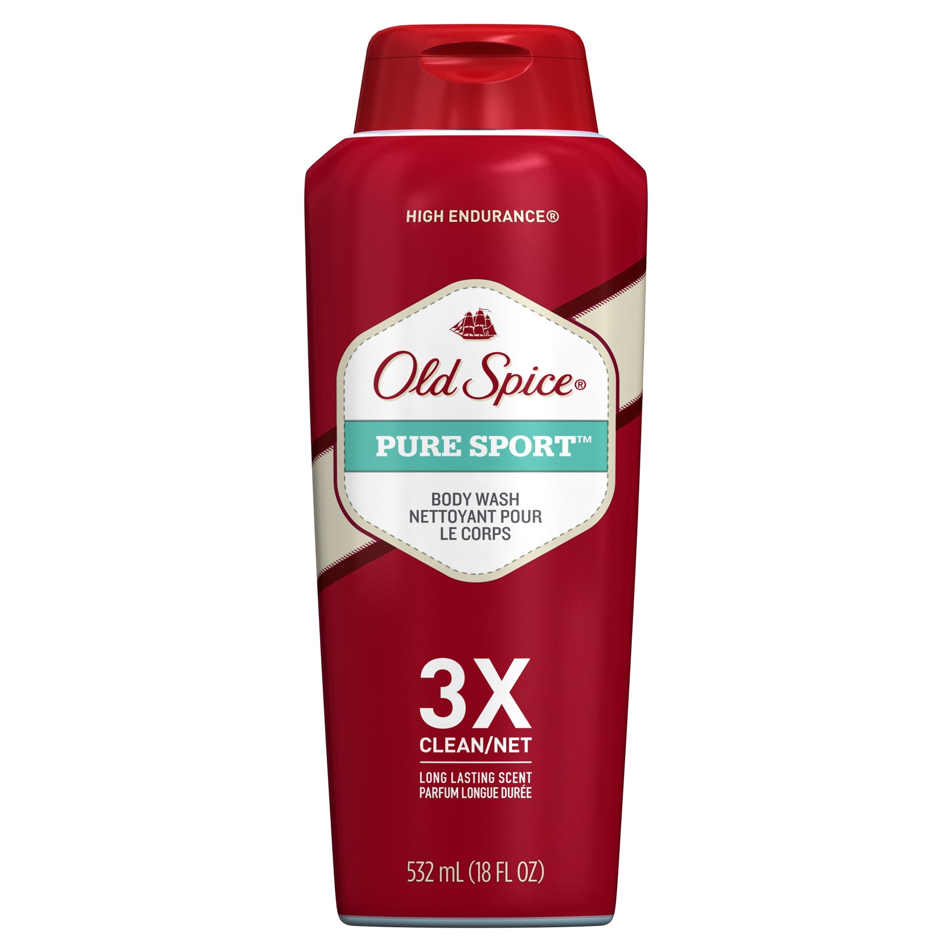 Red Old Spice Pure Sport body wash bottle on a white background