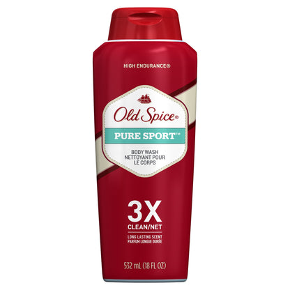 Red Old Spice Pure Sport body wash bottle on a white background