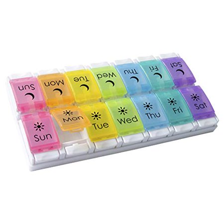 Ezy Dose Weekly AM/PM Pill Organizer, Push Buttons, Rainbow