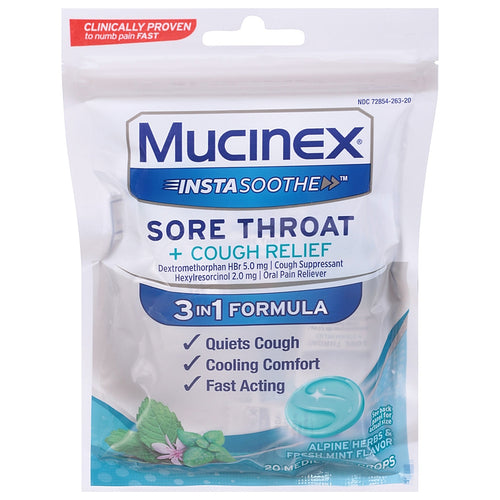 Mucinex InstaSoothe Sore Throat + Cough Drops, 20 Ct