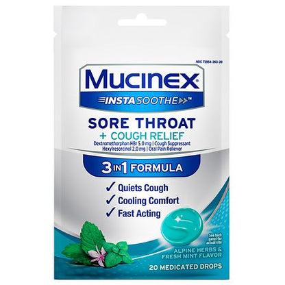 Mucinex InstaSoothe Sore Throat + Cough Drops, 20 Ct